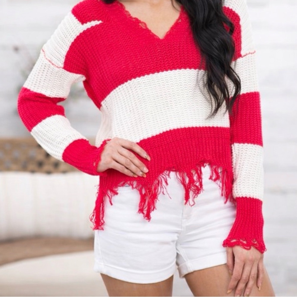 Women's Adora Red & White Striped V-Neck Sweater Fringe trim size L - Picture 6 of 7